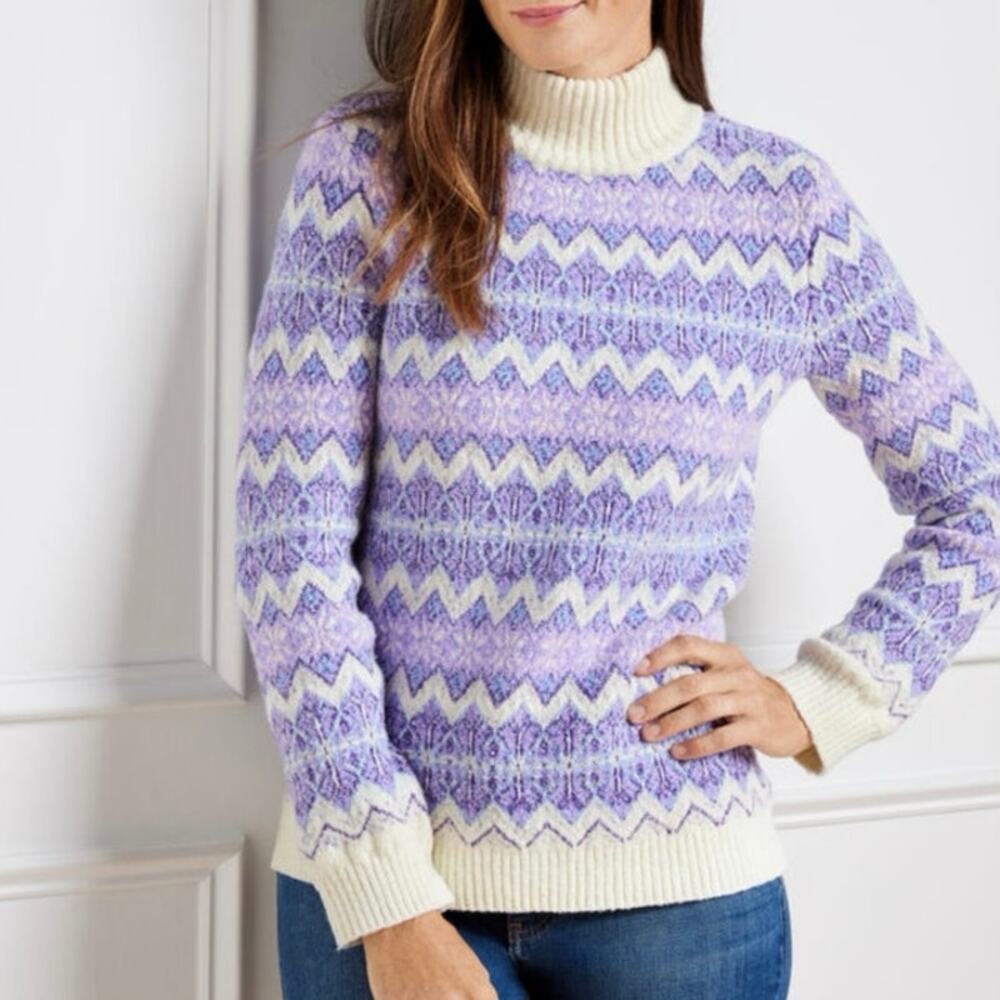 Talbots Petite Purple and Cream Zigzag Jacquard Mockneck Sweater Size LP